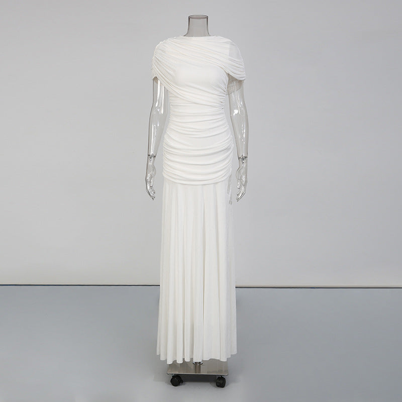 Robe Longue Sans Manches Col Entassé Taille Cinée — Femme