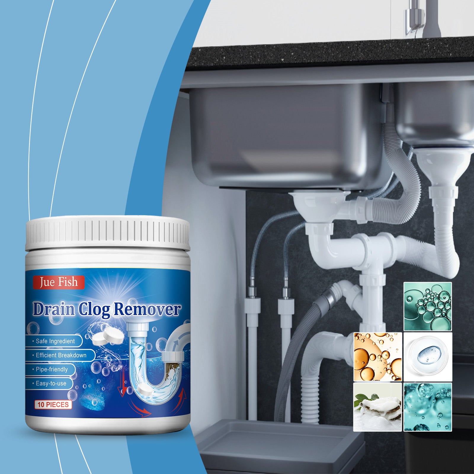 Jue-Fish Pipe Unclogging Effervescent Tablet, Kitchen And Bathroom Drain Oil Blockage Dissolving Deodorant Cleaning Effervescent Tablet