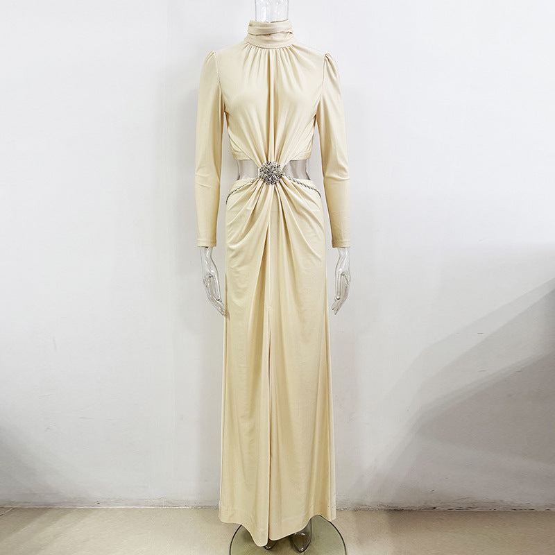 Robe Longue Élastique Strass Taille Creusée — Soirée Femme