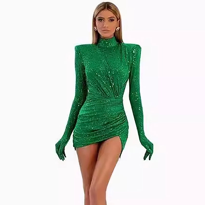 Robe Longue Sequins Verts Col Haut — Soirée & Performance
