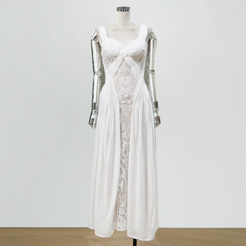 Robe Longue Dentelle Col V Sans Bretelles — Élégance Femme