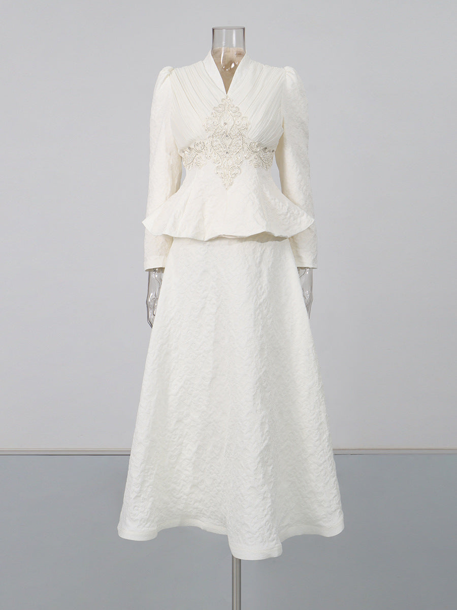 Ensemble Veste & Jupe Longue Motif Géométrique — Style Vintage