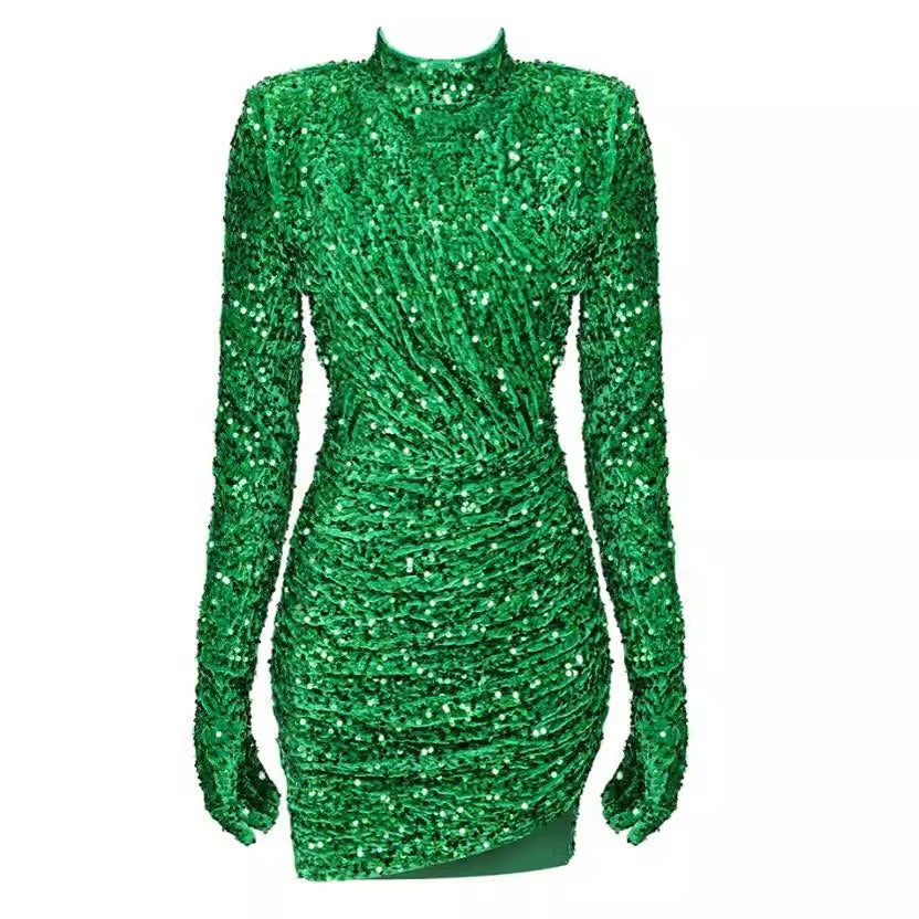 Robe Longue Sequins Verts Col Haut — Soirée & Performance