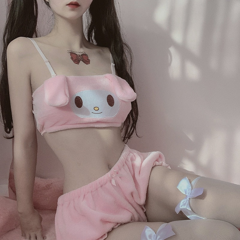 Cute Lingerie Animated Pattern Shoulder Straps Japanese Soft Girl Pink Black Milk Silk Plush Tube Top Pajamas Women Pajamas