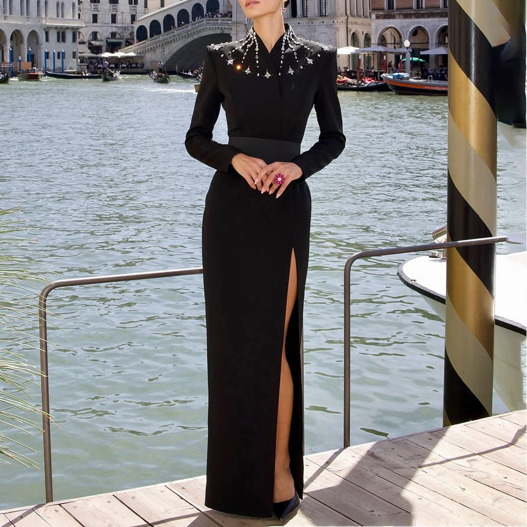 Robe Longue Strass Slim Fit Col Montant — Lady Style Noir