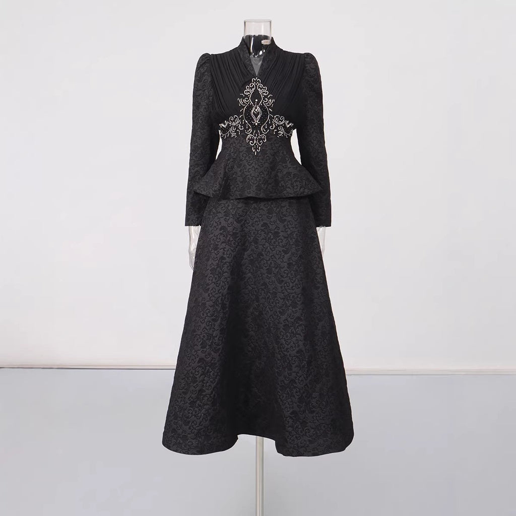 Ensemble Veste & Jupe Longue Motif Géométrique — Style Vintage