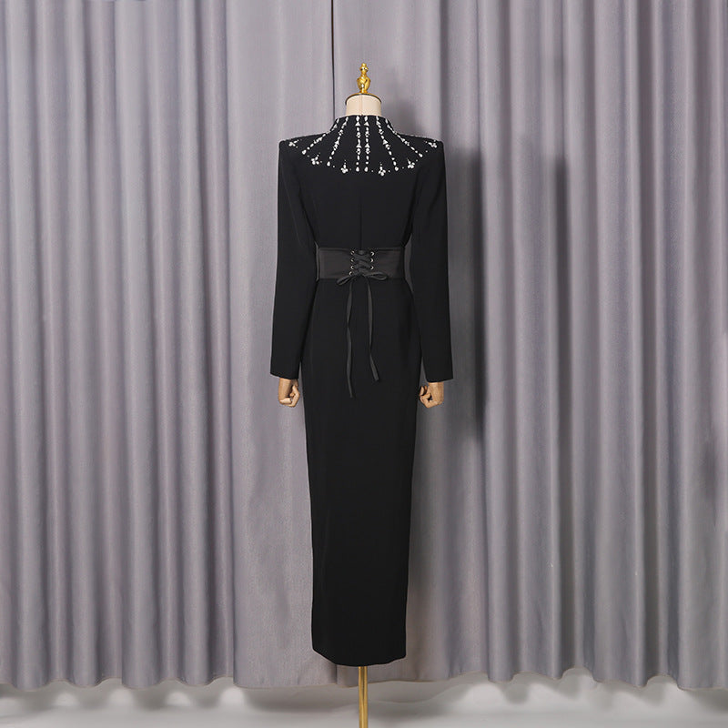 Robe Longue Strass Slim Fit Col Montant — Lady Style Noir
