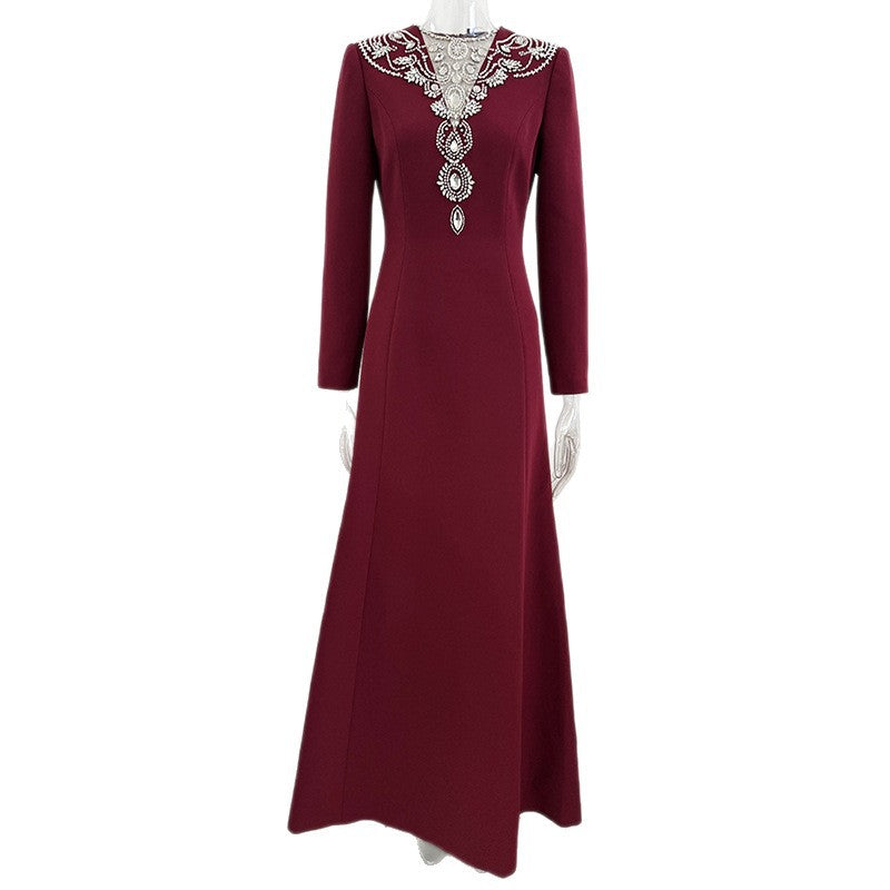 Robe Longue Mesh Strass Col V Patchwork — Glamour Femme