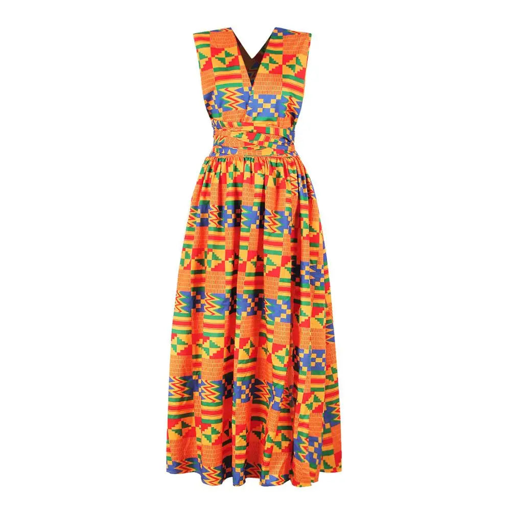 Robe Longue Africaine Imprimée — Dos Nu, Sans Manches, Casual & Soirée