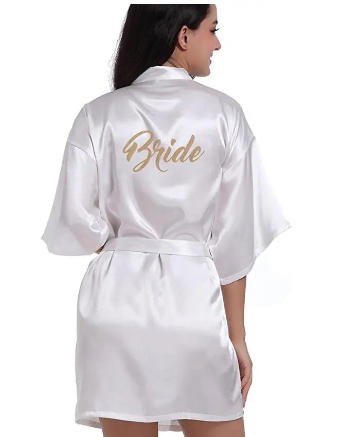Robe de Chambre Satin Soie Lettre Or Mariée — Kimono Nuit Femme
