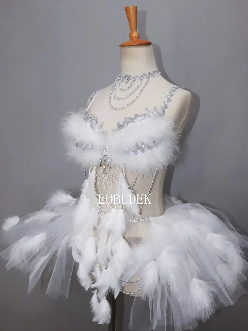 Bikini Plumes Blanches Cristaux Jupe Bulle — Costume Scène Festival