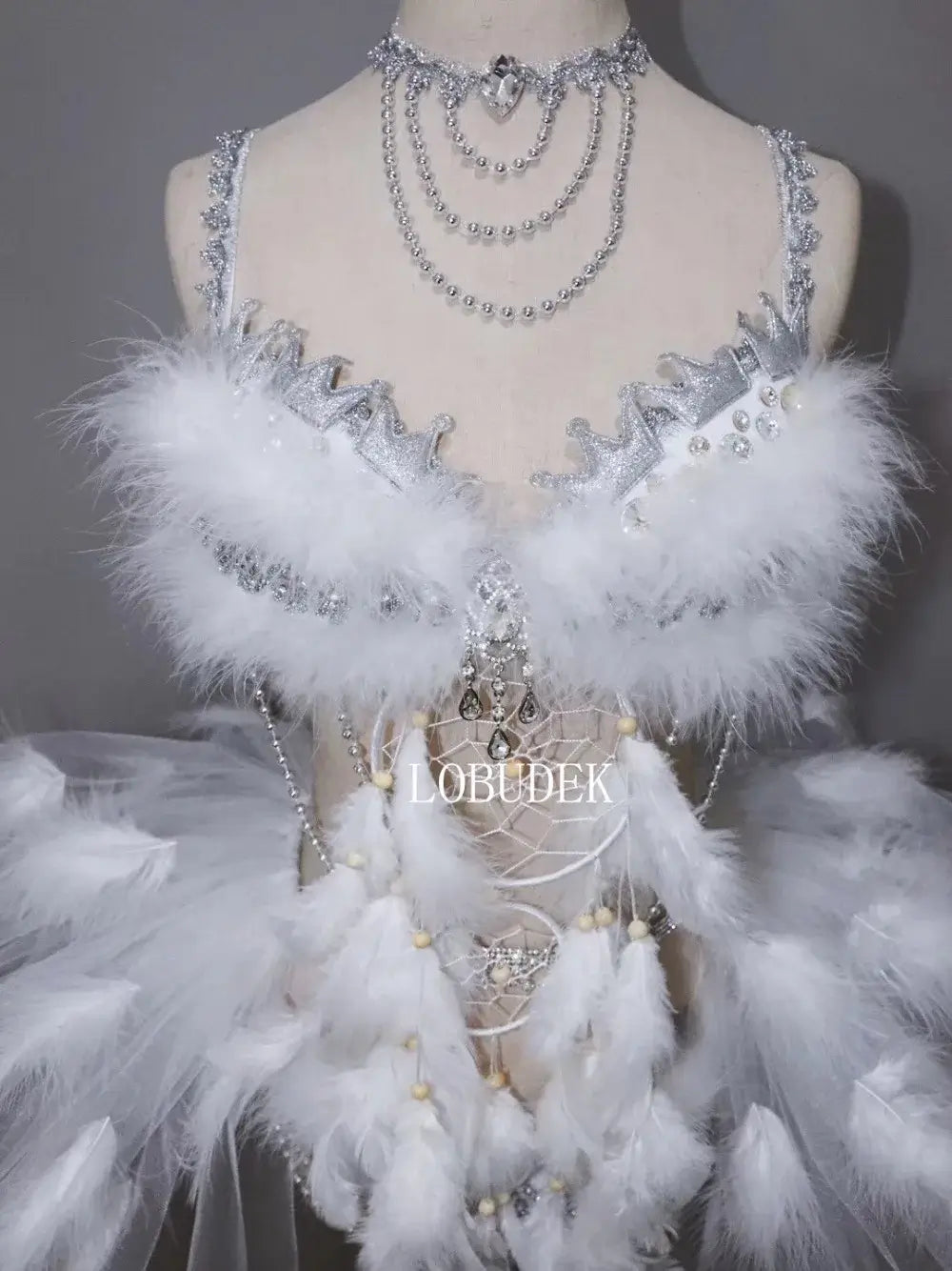 Bikini Plumes Blanches Cristaux Jupe Bulle — Costume Scène Festival