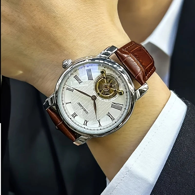 Luxury Men's Automatic Mechanical Watch - Stylish Hollow Design, Fashionable Business Casual Style, Alloy Case and Leather Strap, No Battery