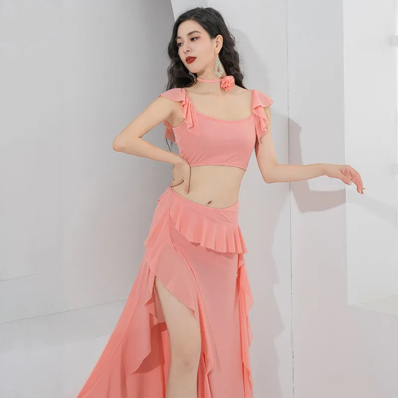 Costume Danse Orientale Gaze — Top Floral & Jupe Fendue Manches Courtes
