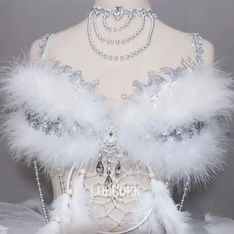 Bikini Plumes Blanches Cristaux Jupe Bulle — Costume Scène Festival
