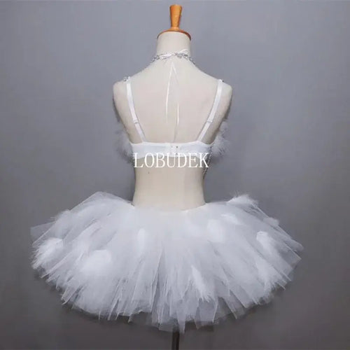 Bikini Plumes Blanches Cristaux Jupe Bulle — Costume Scène Festival