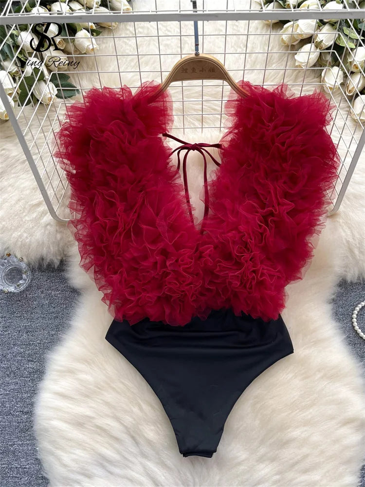 Bodysuit Fleurs 3D Dos Nu Col V Laceré — Streetwear Femme