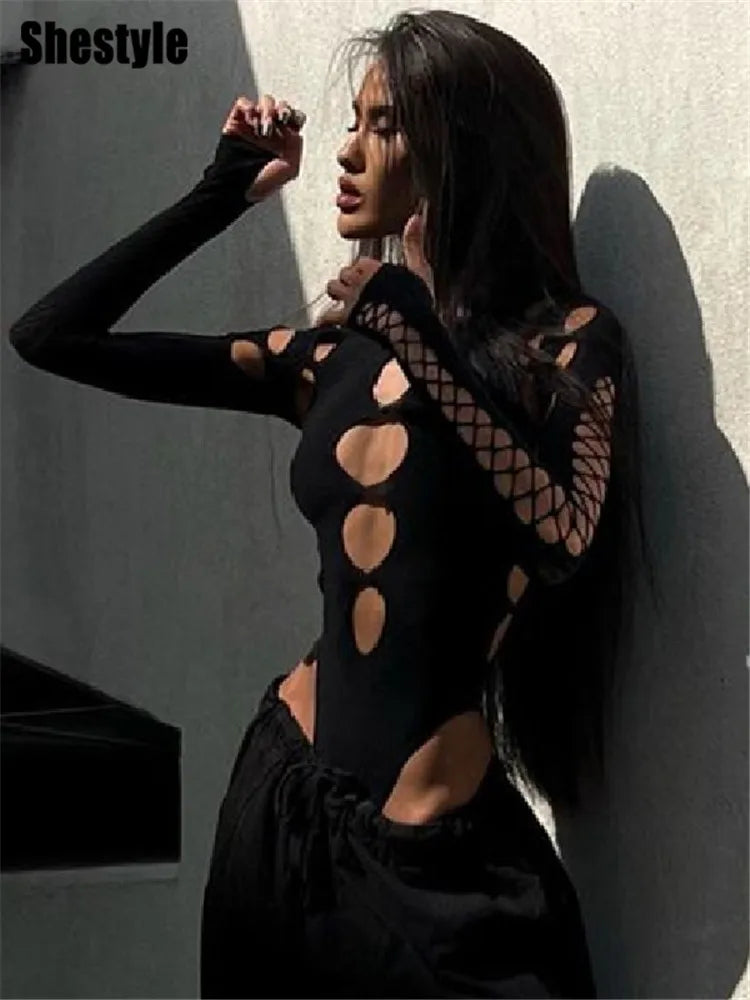 Bodysuit Épaulier Creusé Taille Haute Noir — Halloween Lady