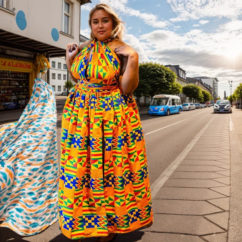 Robe Longue Africaine Imprimée — Dos Nu, Sans Manches, Casual & Soirée