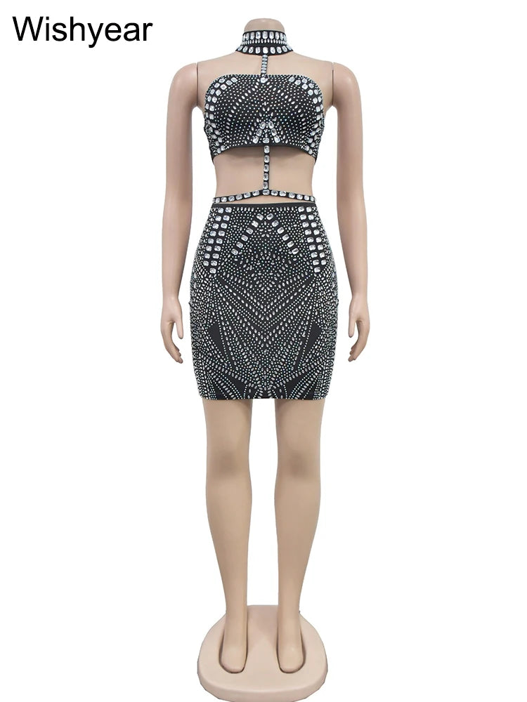 Ensemble Clubwear Wishyear — Crop Top Halter & Mini Jupe Strass Luxe