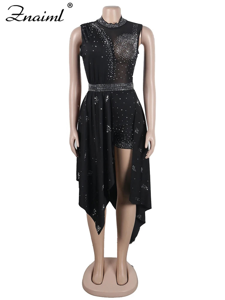 Combinaison Nightclub Znaiml — Strass, Mesh, Asymétrique, Anniversaire