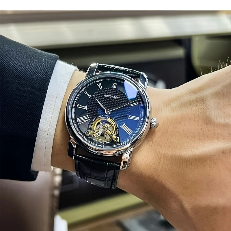 Luxury Men's Automatic Mechanical Watch - Stylish Hollow Design, Fashionable Business Casual Style, Alloy Case and Leather Strap, No Battery