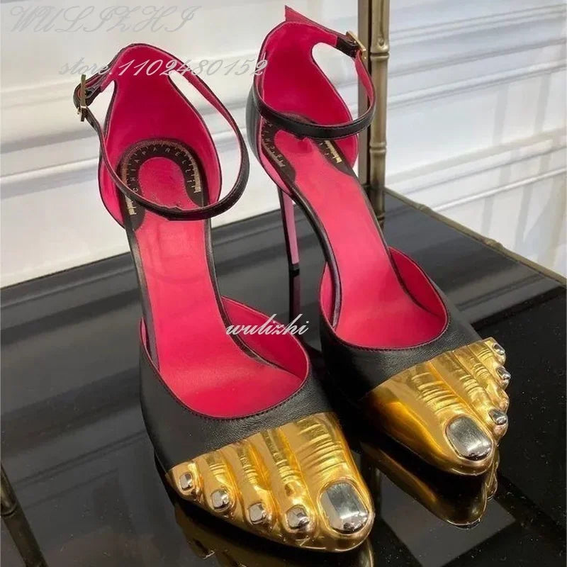 Sandales Stiletto Or 5 Orteils Nœud Bride Cheville — Soirée Femme