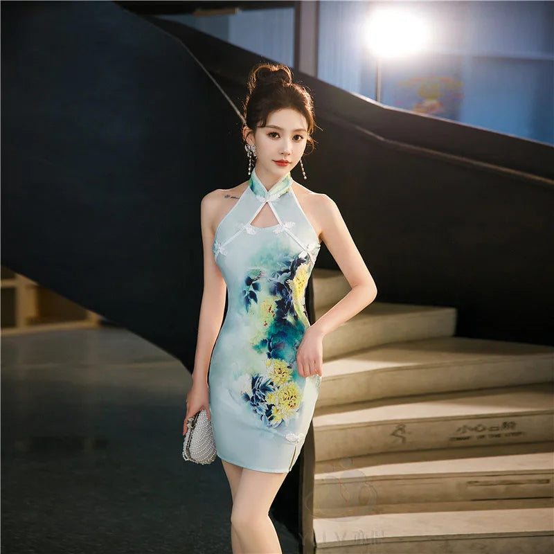 Robe Qipao Chinoise Florale — Dos Nu, Sans Manches, S à 5XL