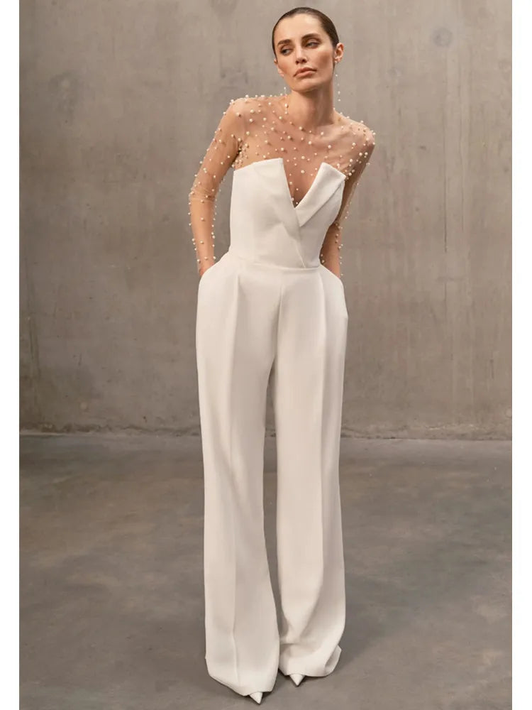 Combinaison Bodycon Perles Blanches Manches Longues — Luxe Femme