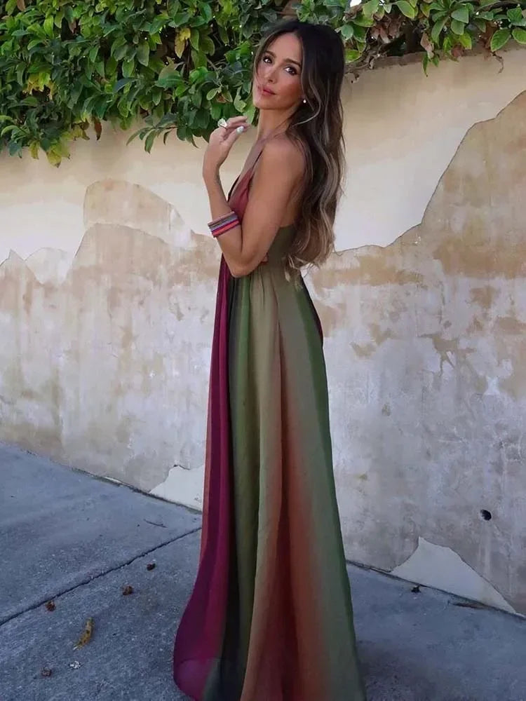 Robe Longue Halter Bandage Y2K Imprimé Dos Nu — Soirée Femme