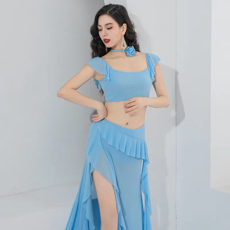 Costume Danse Orientale Gaze — Top Floral & Jupe Fendue Manches Courtes