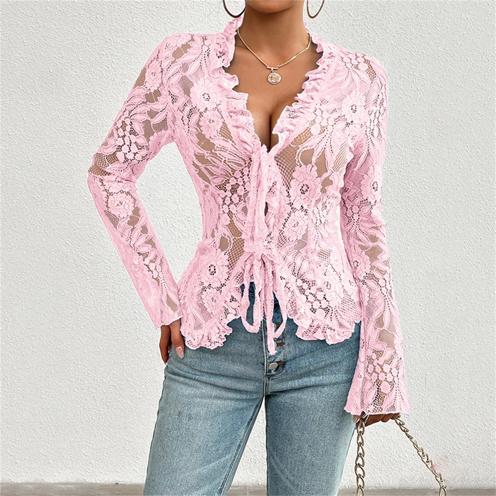Top Mesh Dentelle Transparent Manches Longues Noué — Club Femme
