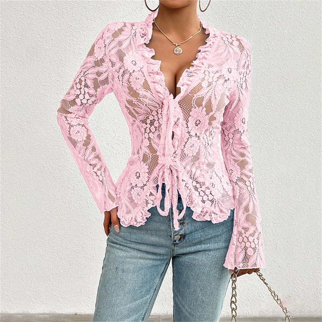 Top Mesh Dentelle Transparent Manches Longues Noué — Club Femme