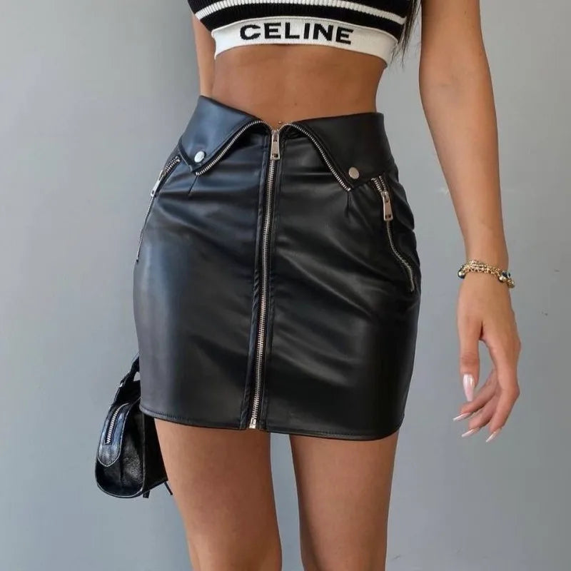 Mini Jupe Cuir PU Y2K Multi-Zips Taille Haute — Club Femme