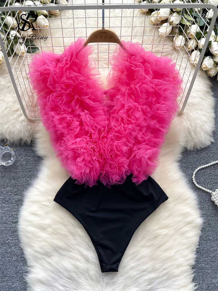 Bodysuit Fleurs 3D Dos Nu Col V Laceré — Streetwear Femme