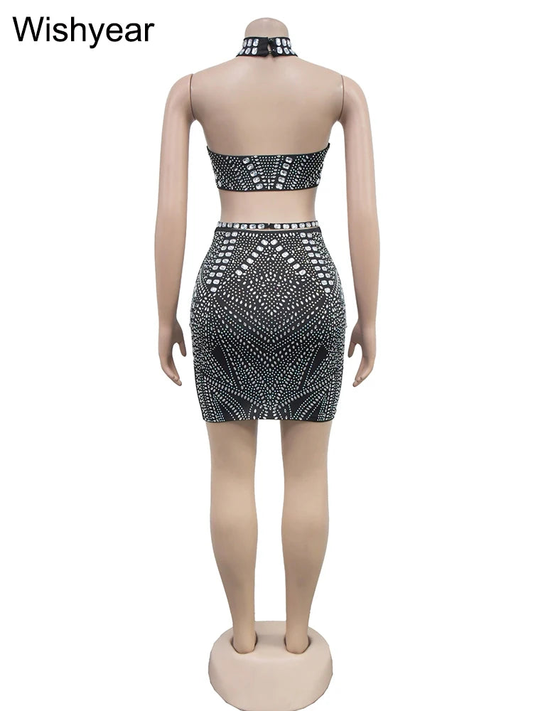 Ensemble Clubwear Wishyear — Crop Top Halter & Mini Jupe Strass Luxe