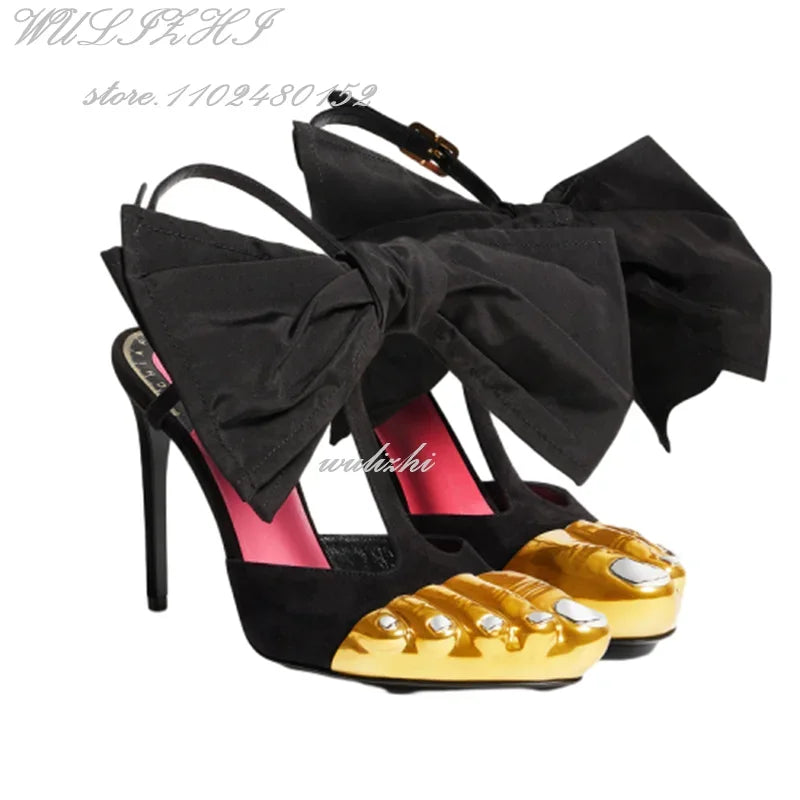 Sandales Stiletto Or 5 Orteils Nœud Bride Cheville — Soirée Femme