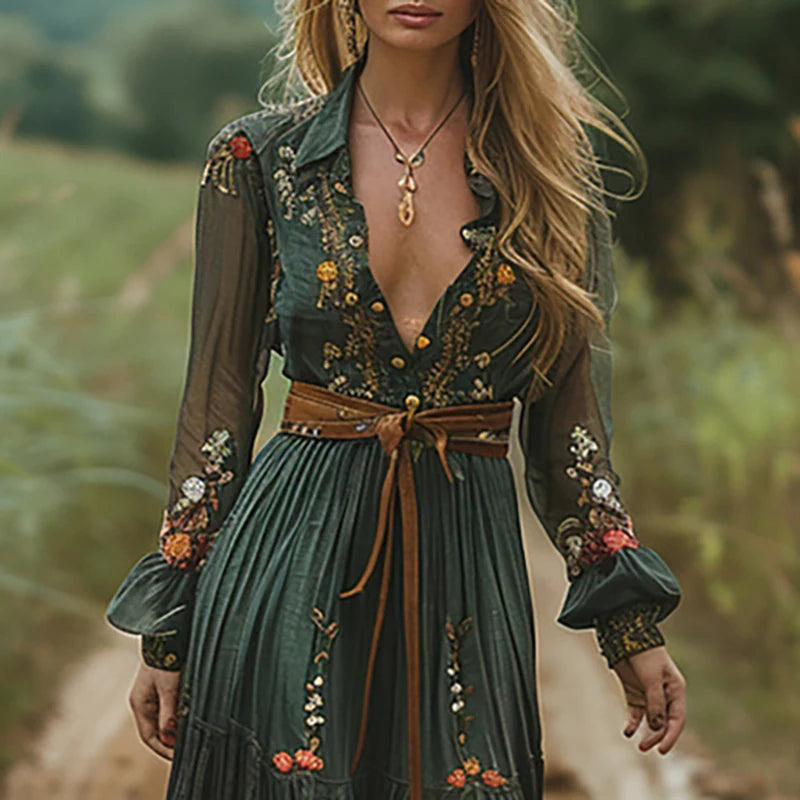 Robe Longue Bohème Florale — Col Chemise, Manches Longues, Maxi Party