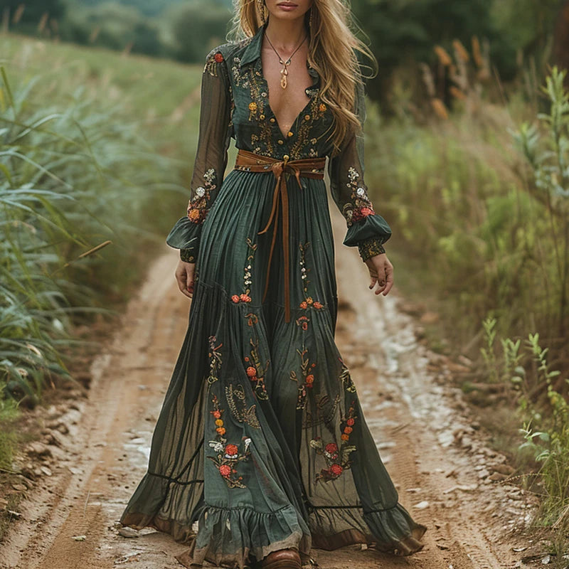 Robe Longue Bohème Florale — Col Chemise, Manches Longues, Maxi Party