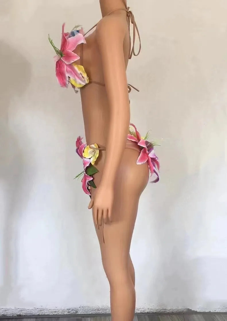 Bikini Fleurs Colorées Transparent Robe Danseuse — Costume Soirée