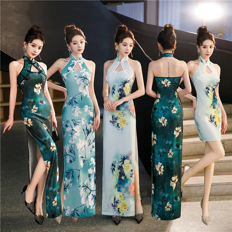 Robe Qipao Chinoise Florale — Dos Nu, Sans Manches, S à 5XL