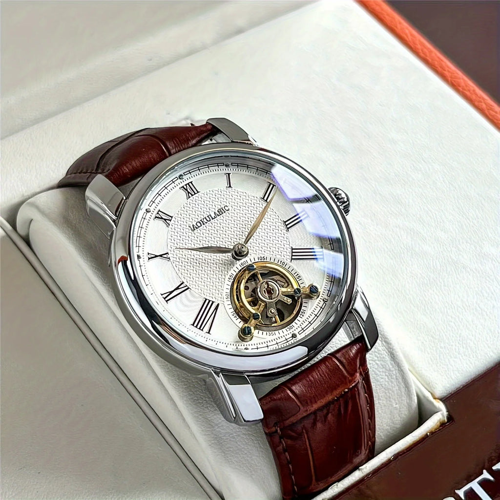 Luxury Men's Automatic Mechanical Watch - Stylish Hollow Design, Fashionable Business Casual Style, Alloy Case and Leather Strap, No Battery