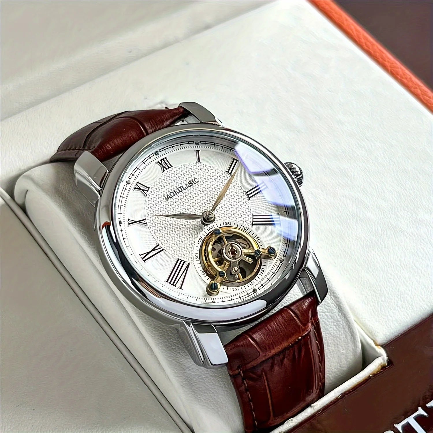 Luxury Men's Automatic Mechanical Watch - Stylish Hollow Design, Fashionable Business Casual Style, Alloy Case and Leather Strap, No Battery
