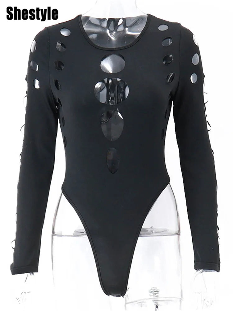 Bodysuit Épaulier Creusé Taille Haute Noir — Halloween Lady