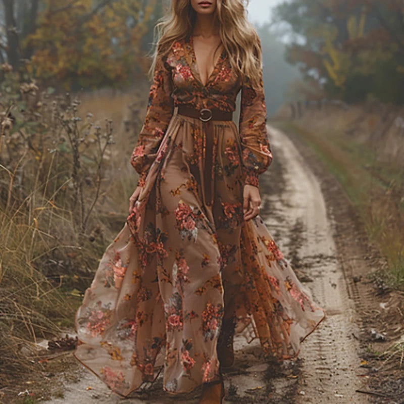 Robe Longue Bohème Florale — Col Chemise, Manches Longues, Maxi Party