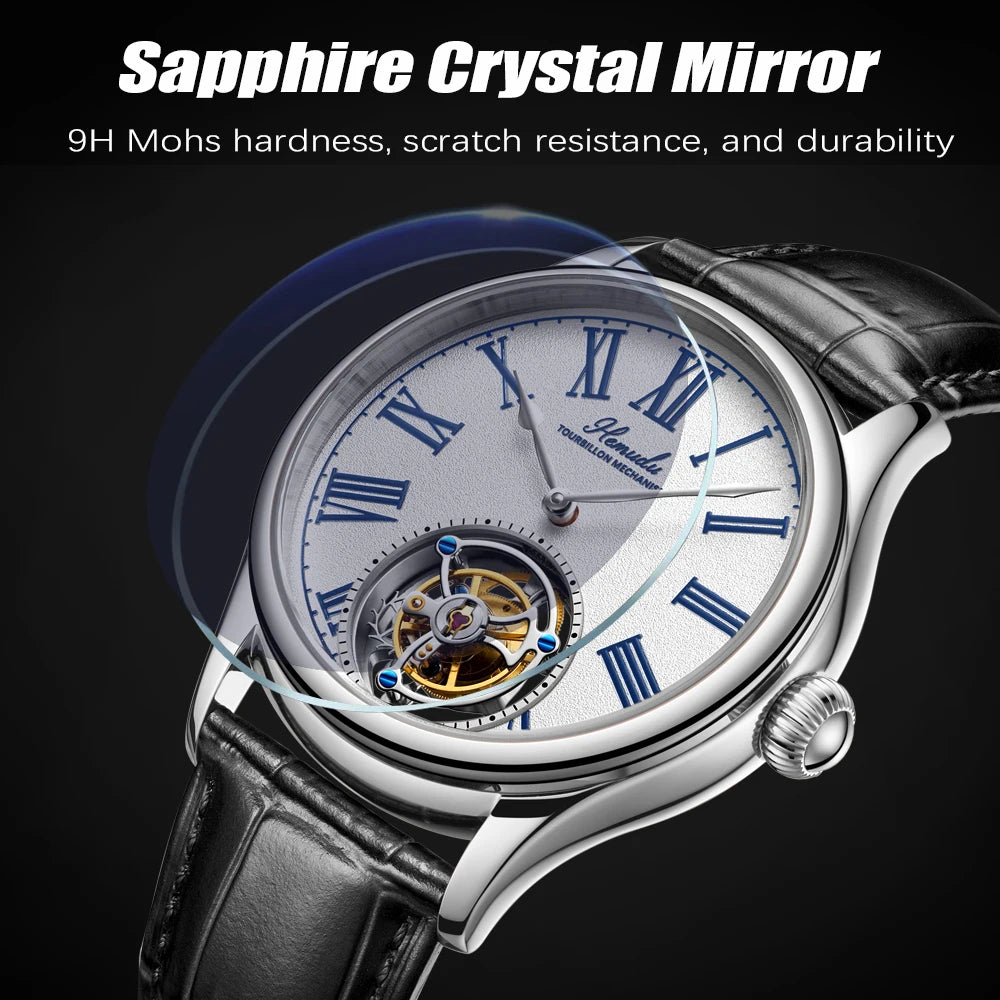 HEMUDU New Original Tourbillon Watch for Men Mechanical Movement Wrist Watches Sapphire Waterproof Mens Roman Scale Dial Classic