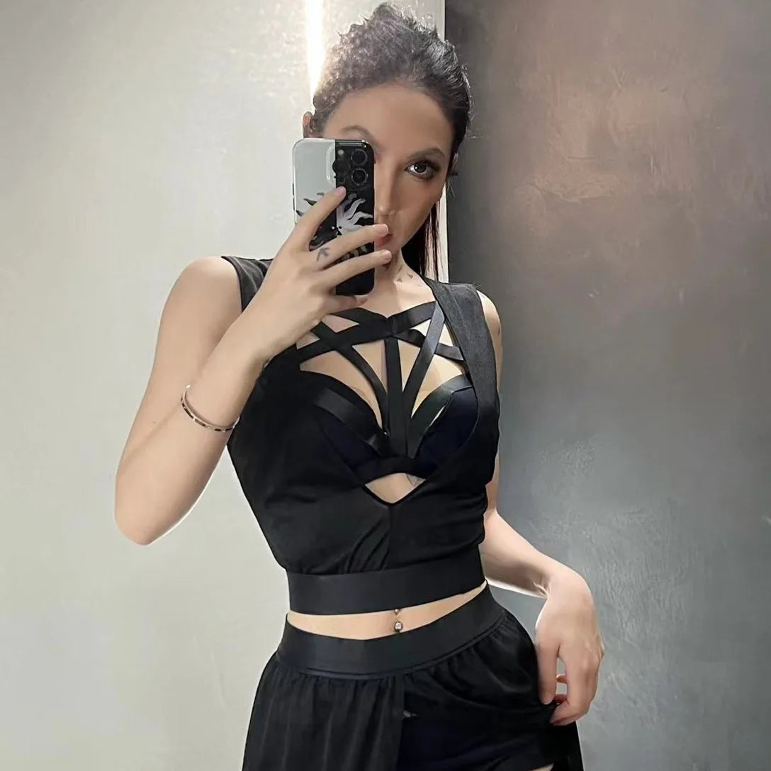 Ensemble Corset Goth 4 Pièces — Crop Top, Bandage & Jupe Fendue Mesh