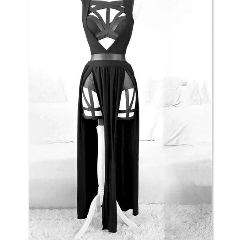 Ensemble Corset Goth 4 Pièces — Crop Top, Bandage & Jupe Fendue Mesh