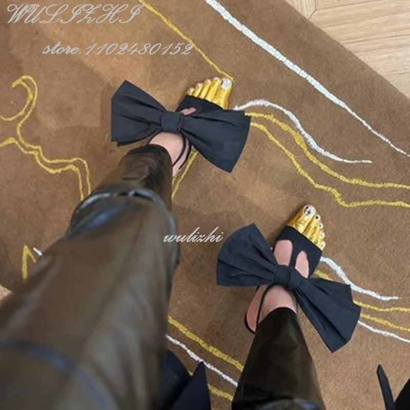 Sandales Stiletto Or 5 Orteils Nœud Bride Cheville — Soirée Femme