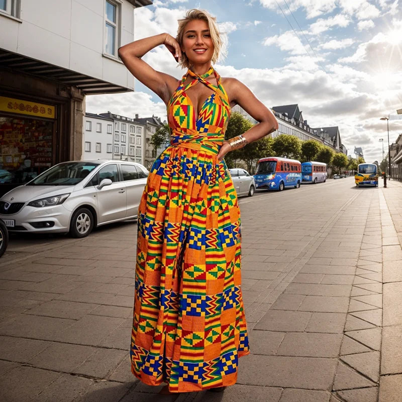 Robe Longue Africaine Imprimée — Dos Nu, Sans Manches, Casual & Soirée
